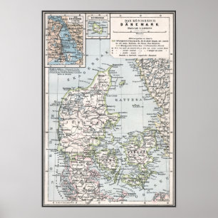 Póster Antique Map of Denmark, Danmark in Danish, 1905