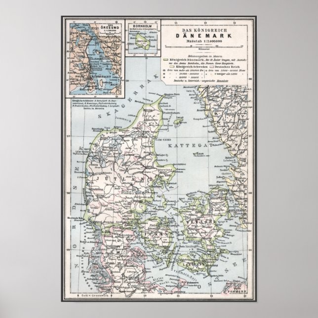 Póster Antique Map of Denmark, Danmark in Danish, 1905 (Frente)