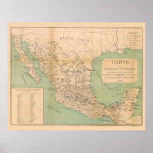 Poster Antique Map of Mexico Etats Unis du Mexique