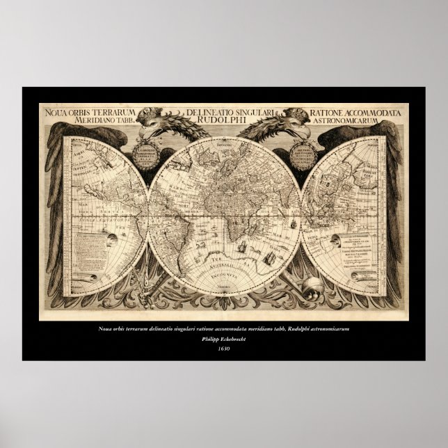 Póster Antique Mapa Mundial de Philipp Eckebrecht - 1630 (Frente)