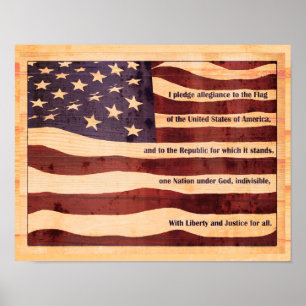 Póster Antiqued flag with pledge of allegiance wood look