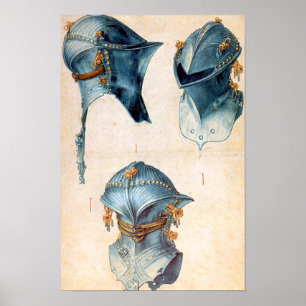 PÓSTER ANTÍQUIO KNIGHT ARMORS/TRÊS ESTUDOS DE UM HELMET