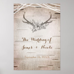 Póster Antlers dos cervos & bandeira do casamento vintage