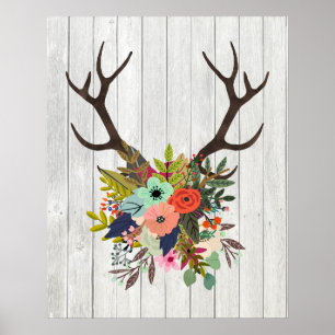Póster Antlers rústicos dos cervos com flores