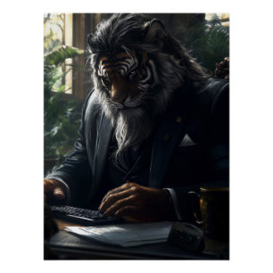 Póster Antropomórfico Tiger Businessman num Estudo
