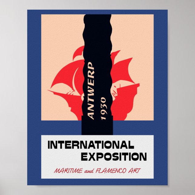 Poster Antuérpia retro vintage expo, marítimo e flamenco (Frente)