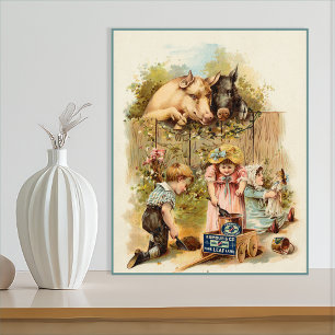Póster Anúncio de Animais de Fazenda e Crianças Antigas