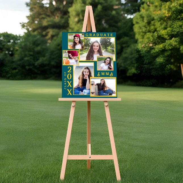 Póster Anúncio de Formatura Verde e Dourado com Múltiplas (Green and Gold Graduation Announcement Multi Photo Poster)