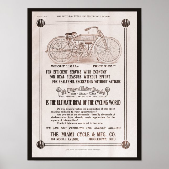 Póster Anúncio de moto em Miami em 1915 (Frente)