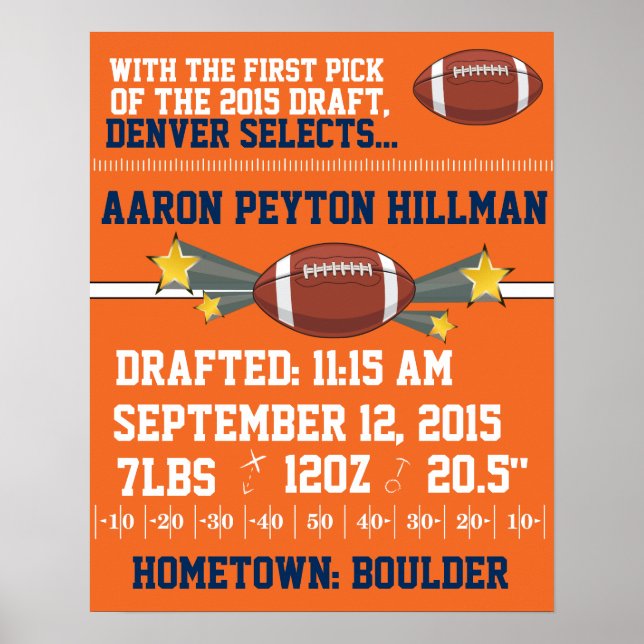 Póster Anúncio de Nascimento de Futebol - Laranja e Azul (Frente)