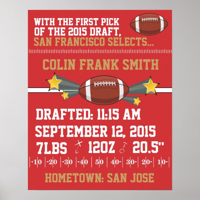 Poster Anúncio de Nascimento de Futebol - Vermelho e Dour (Frente)