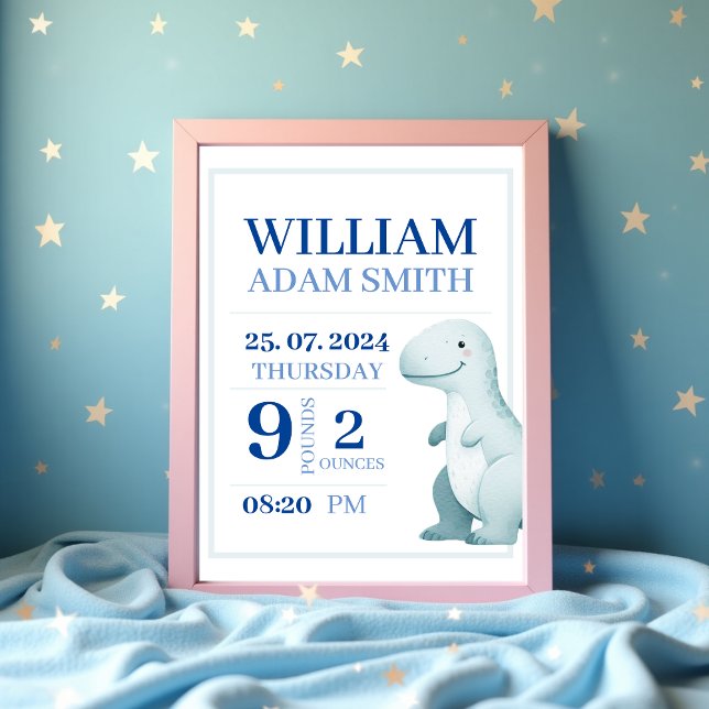 Poster Anúncio de Nascimento Personalizado do Dinossauro  (Baby Boy Cute Dinosaur Personalised Birth Announcement Poster )