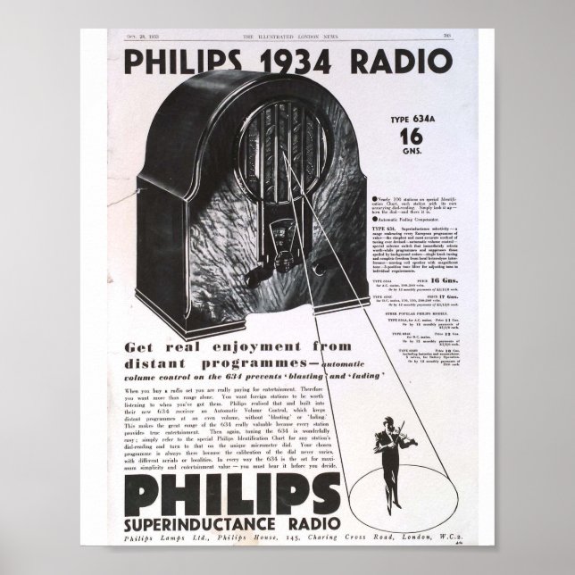 Poster Anúncio de rádio antigo Philips 1934 (Frente)