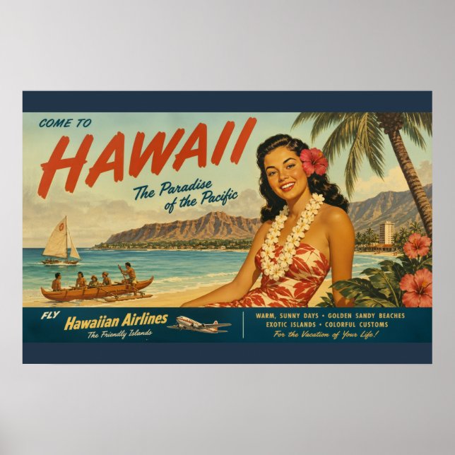 Poster Anúncio de Viagem Havaiano em Estilo Vintage (Frente)