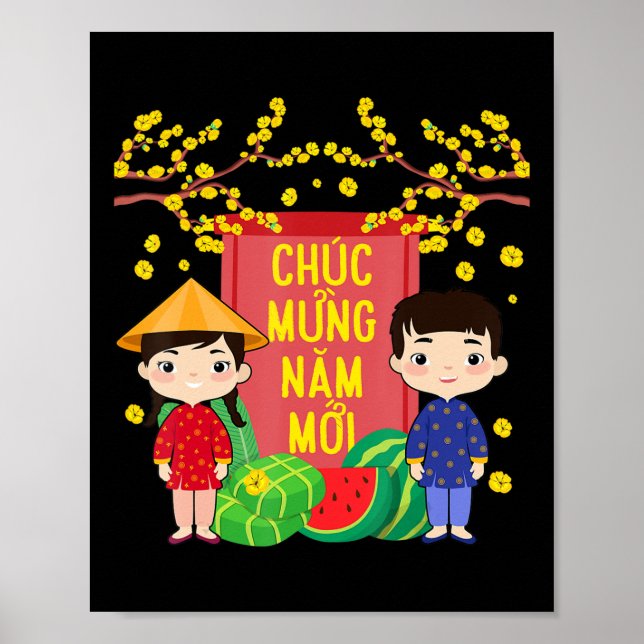 Poster Ao Dai Kids Chuc Mung Nam Moi Vietnamita Ano Novo (Frente)
