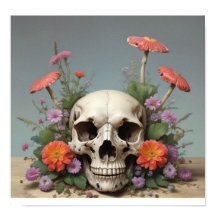 Poster ao quadrado - Caveira com cogumelo e flores