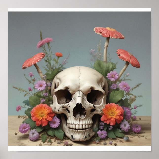 Poster ao quadrado - Caveira com cogumelo e flores (Frente)
