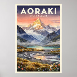Poster Aoraki Monte Cook Nova Zelândia Viagem Vintage