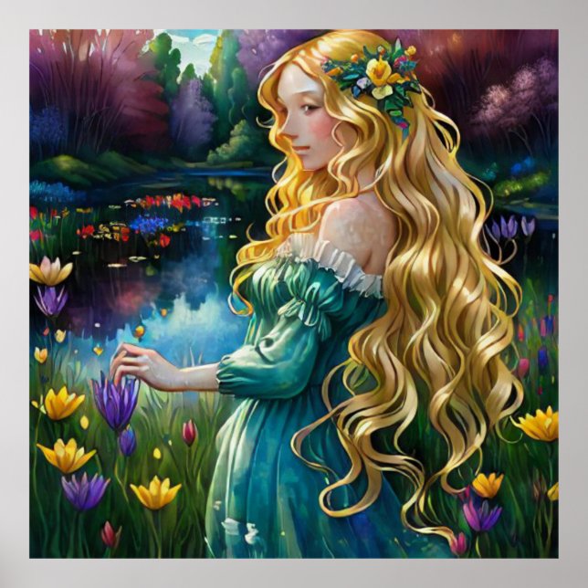 Poster *~ AP56 Art Blonde Woman Waterfall Pond Flowers (Frente)
