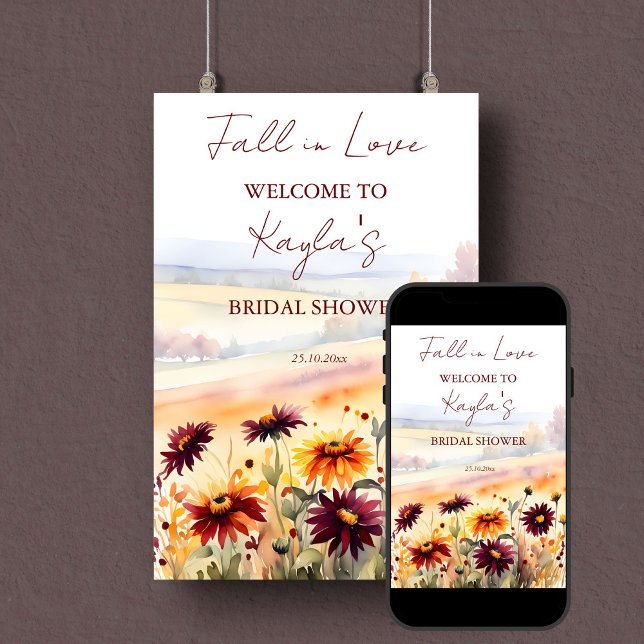 Poster Apaixonado dahlias chá de panela sinal de boas-vin (Fall in love bridal shower welcome sign template poster digital download burgundy yellow dahlias)