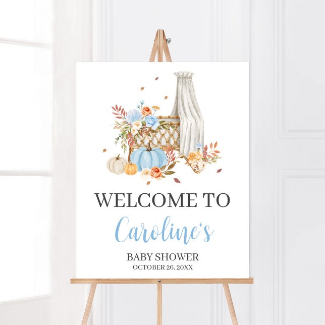 Poster Apaixonado Outono Azul Pumpkin Bem-vindo (Floral Blue Pumpkin Baby Shower Welcome Sign)