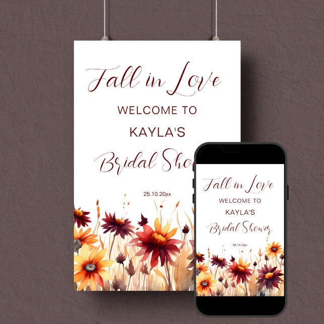 Poster Apaixonado, sinal de boas-vindas ao chá de panela  (Fall in love bridal shower welcome sign poster template  digital download burgundy dahlias daisies)