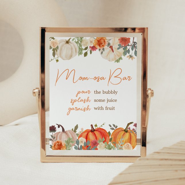 Poster Apaixonando Bomba Floral Mãe Bar Osa (Fall Floral Pumpkin Baby Shower Mom Osa Bar Sign)