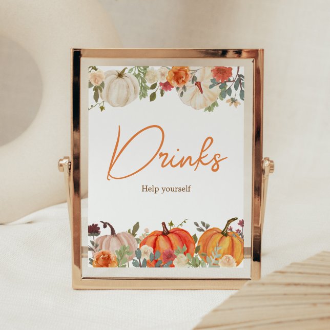 Poster Apaixonando Chá de fraldas Floral Pumpkin Bebe (Fall Floral Pumpkin Baby Shower Drinks Sign)