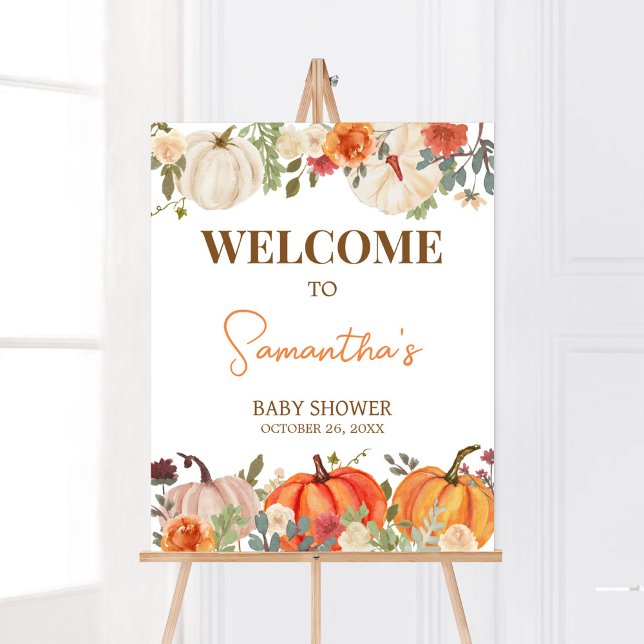 Poster Apaixonando O Chá de fraldas De Boas-Vindas Floral (Fall Floral Pumpkin Baby Shower Welcome Sign)