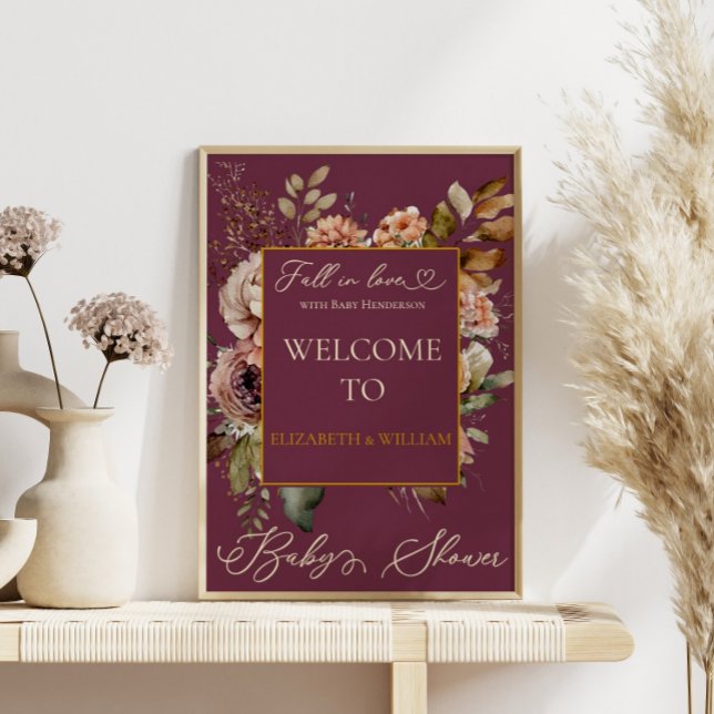 Poster Apaixonar-se Elegância Outonal Borgonha com Floral (Criador carregado)