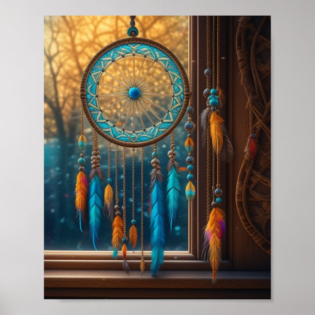 Poster Apanhador de Sonhos numa Janela Folhas de Outono (Frente)