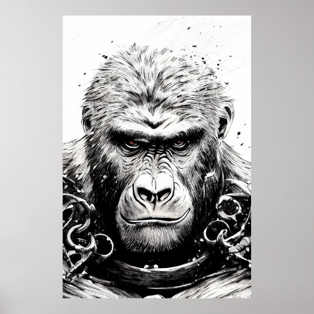 Poster Ape Monkey Wild Nature Illustration Line Epic Art (Frente)