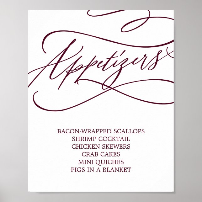 Poster Aperitivos de Casamento em Texto Borgonha Romântic (Frente)