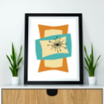 Poster Apertar Retângulos Meio século Retro Moderno<br><div class="desc">Este poster moderno funky apresenta formas retangulares espremidas e alongadas Em azul turquesa,  creme e laranja. O Starburst acentua em rosa,  azul,  ouro e preto o design. Fab!</div>
