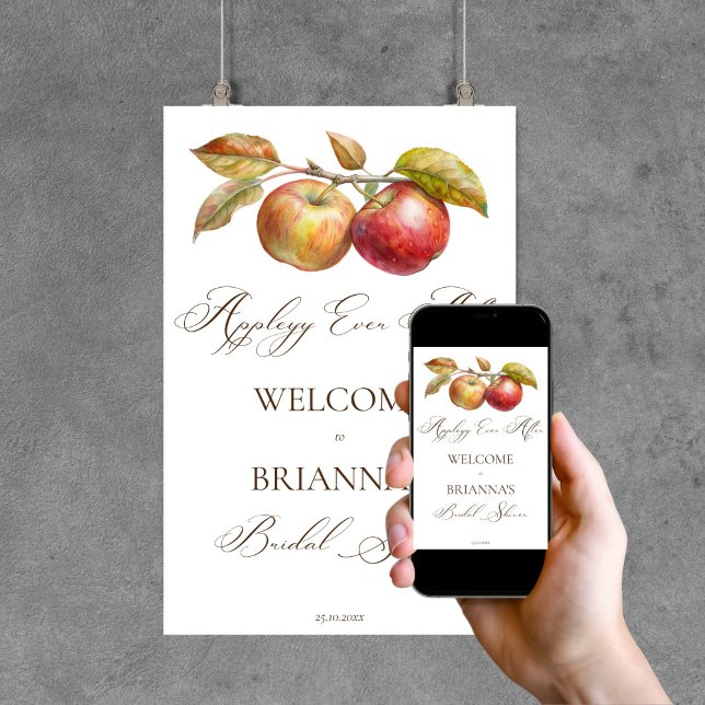 Poster Aplique-se depois do chá de panela de queda de maç (Appley ever after apple fall bridal shower welcome sign poster editable template instant download)