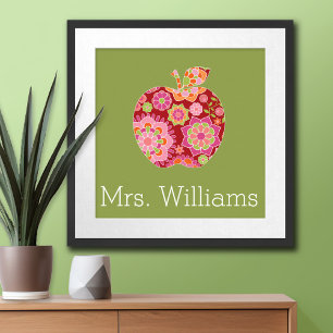 Póster Apple de professor personalizado com padrão flora