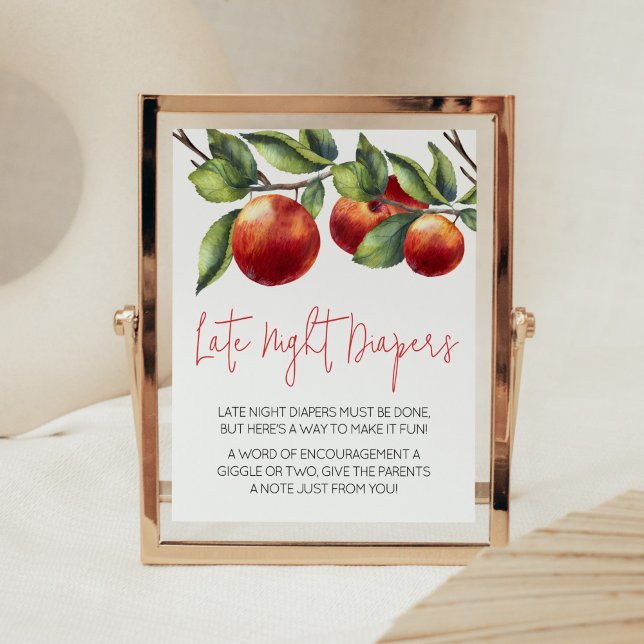 Poster Apple of Our Eye Chá de fraldas Tarde Noite Fralda (Red Apple Baby Shower Late Night Diapers Sign)