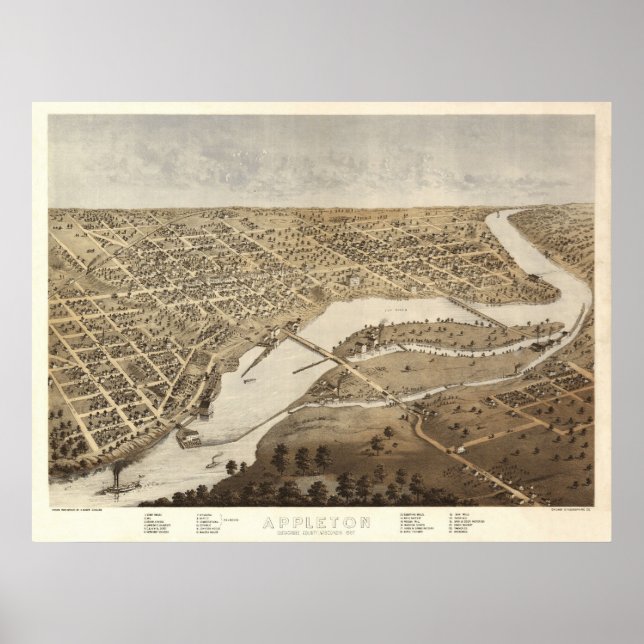 Póster Appleton 1867, WI Birds Eye Ver Mapa Panorâmico (Frente)