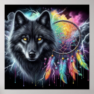 Poster Apreciador de Lobo Negro Sonhador Místico Cósmico