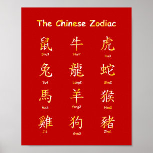 Poster Aprenda a ler animais bodiques chineses com pino Y