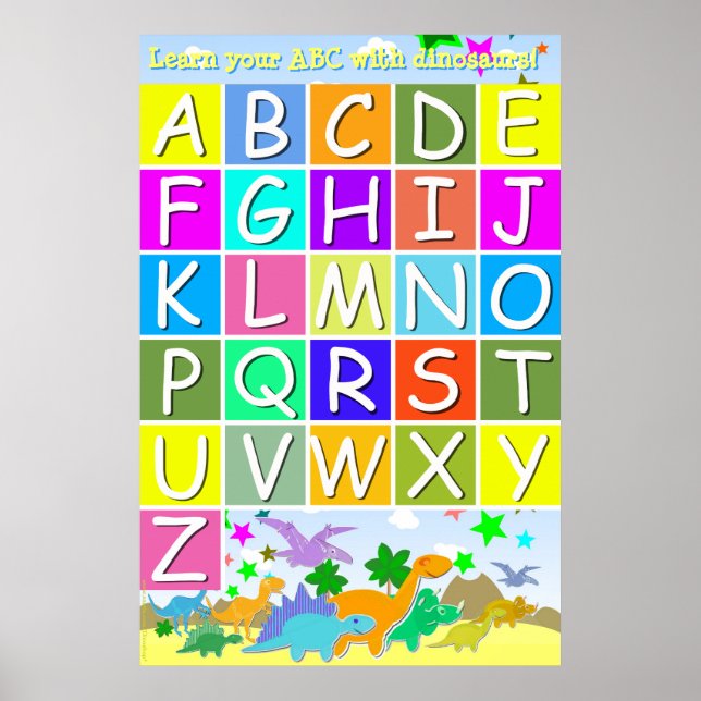 Poster Aprenda seu ABC com Dinossauros Lendo Letras (Frente)