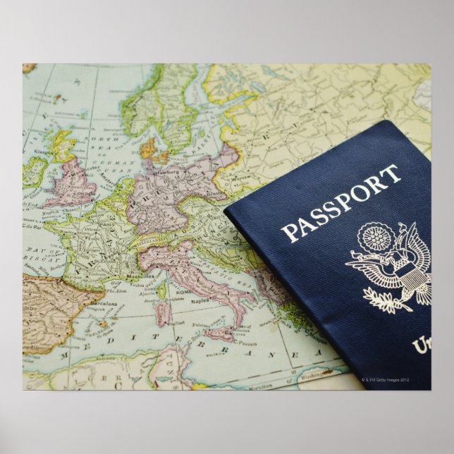 Póster Aproximação do passaporte no mapa europeu (Frente)