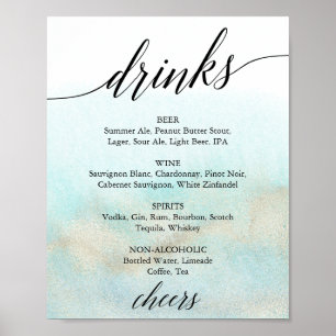 Poster Aqua and Gold Watercolor Beach Drink Menu Sign