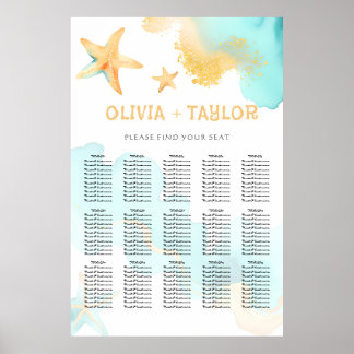 Poster Aqua And Gold Watercolor Beachy Starfish Wedding 