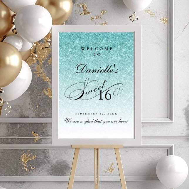 Poster Aqua Blue Glitter Sweet 16 Personalizado Bem-Vindo (Criador carregado)