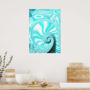 Poster Aqua Blue Nautilus Shell Fractal Abstrato