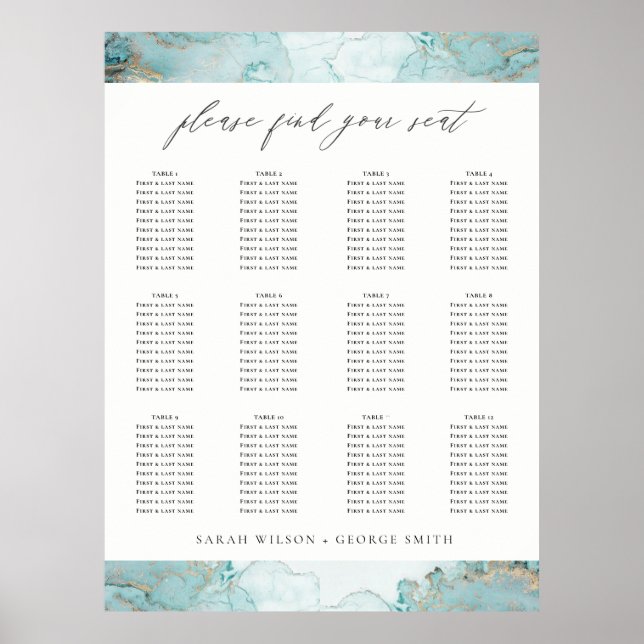 POSTER AQUA DUSKY BLUE DOURADO AGATE WEDDING CHART (Frente)
