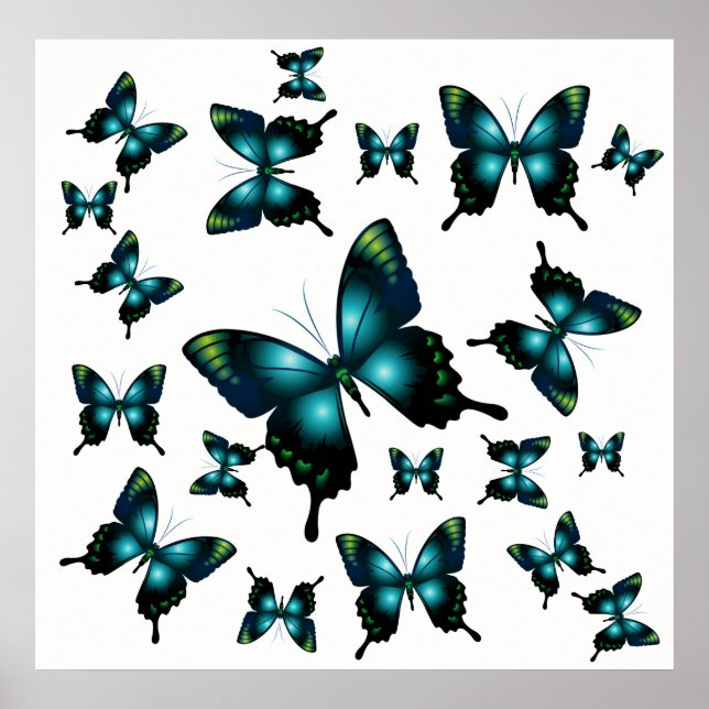 Póster Aqua Elegant Whimsical Butterflies (Frente)