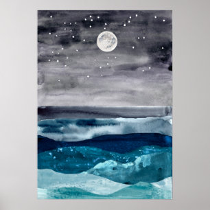 Poster Aquarela abstrato mar paisagem arte moderna oceano