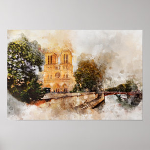 Poster Aquarela Artística da Catedral de Notre-Dame Paris